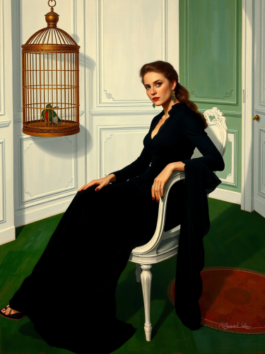 A Glamorous Woman with a Birdcage, Klimt Style