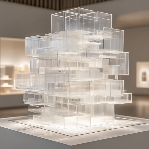 A Glass Cube with Transparent Boxes Installation