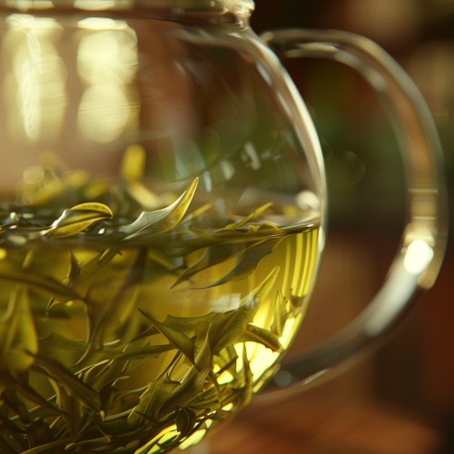 A Glass Teapot with Green Tea Leaves Swirling
