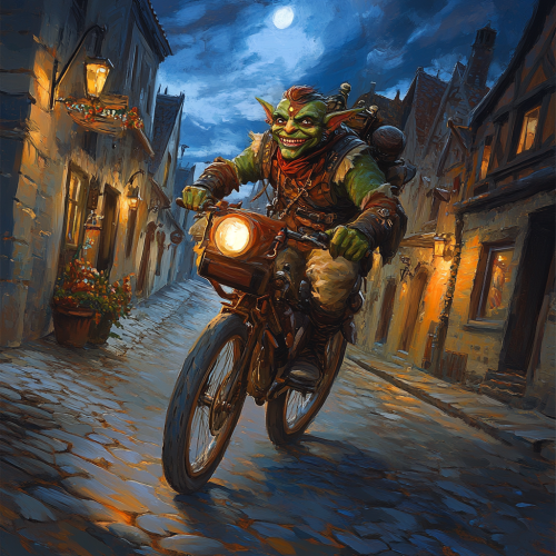 A Goblin Delivery Rider Speeds Through Cavern Town
