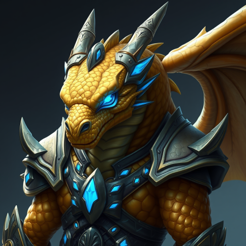 A Golden Dragonborn Warrior with Blue Accents