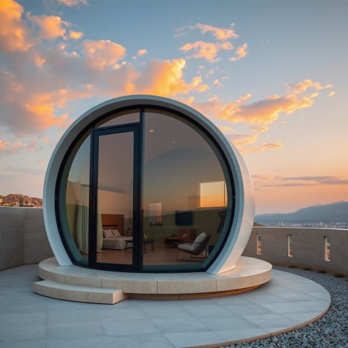 A Golden Hour Photograph of Louis Khan-Inspired Capsule House.