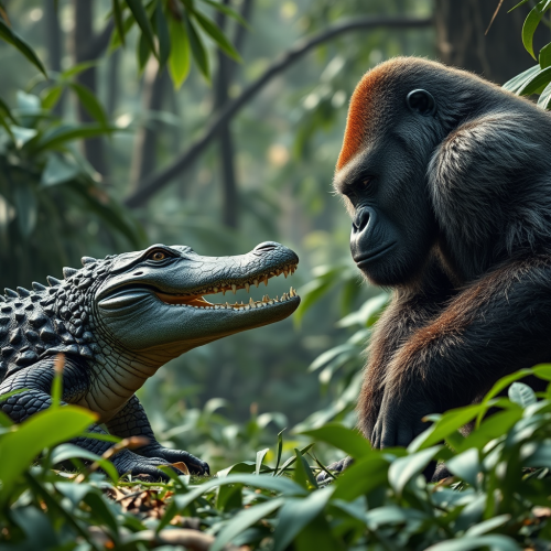 A Gorilla and Crocodile Face-Off in Jungle