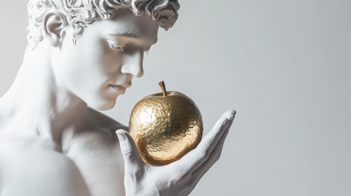 A Greek man hides golden apple in hands