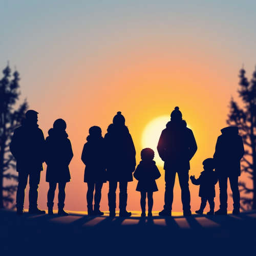 A Group Observing Sunrise in Wintery Forest
