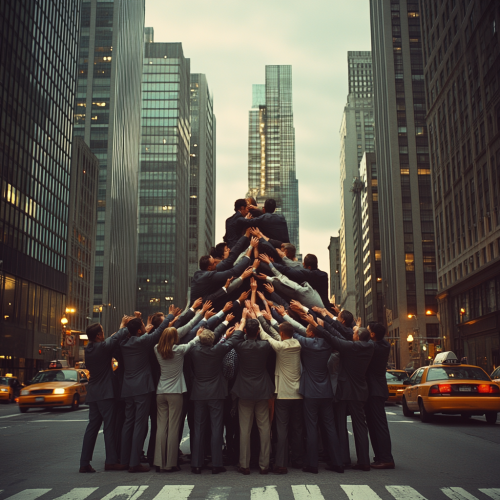 A Group of People in Business Clothes Making Human Pyramid on Busy Street