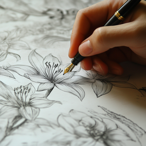 A Hand Drawing Lily Pattern with Fountain Pen
