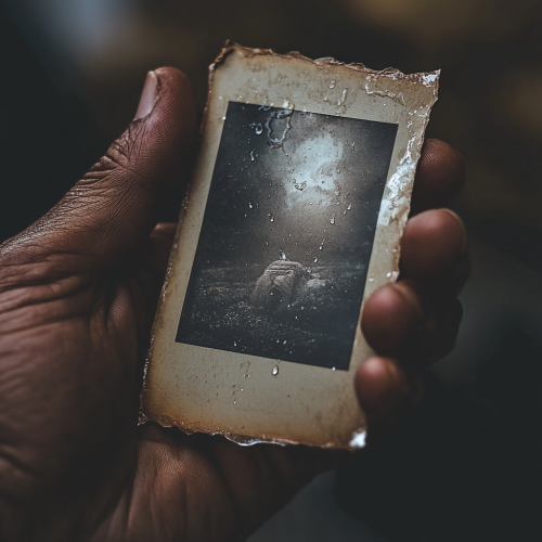 A Hand Holding Old, Faded Photo With Tears