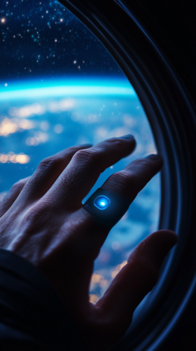 A Hand with Black Ring Glowing in Space