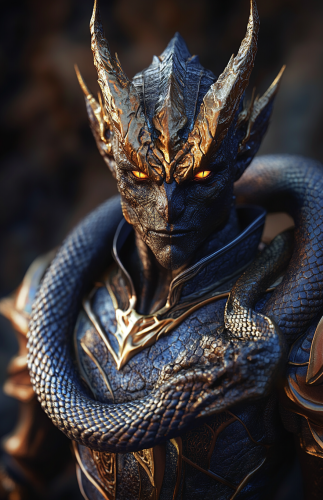 A Handsome Demon in Regal Armor with Snake