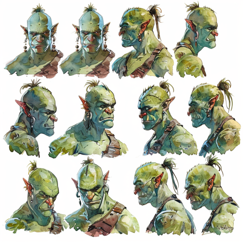 A Handsome Green Half-Orc Character in Poses