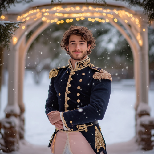 A Handsome Nutcracker Prince Standing by Snowy Gazebo