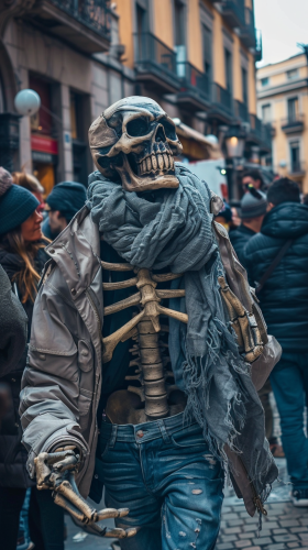 A Handsome Skeleton Strolling in Madrid Street