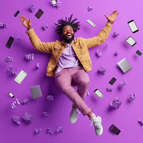 A Happy, Stylish Man Flying with Technology