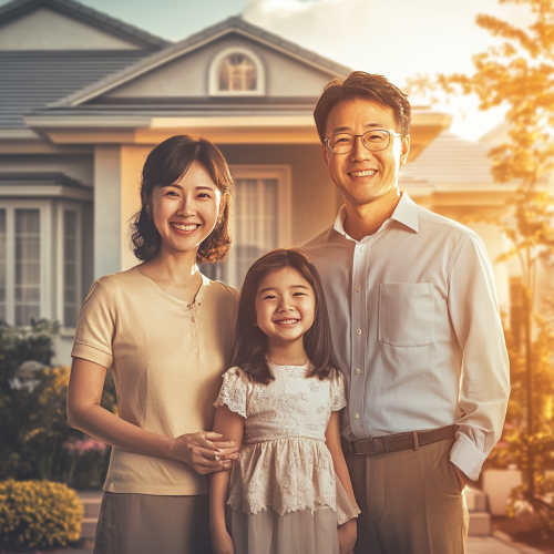 A Happy Asian Family Outside Western House A Happy Asian Family Outside Western House