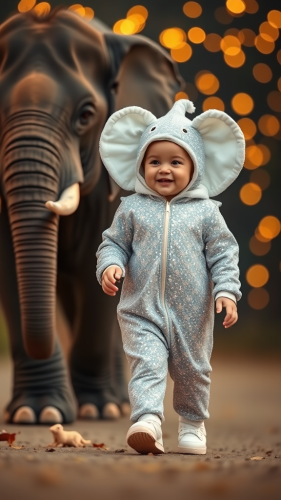 A Happy Baby Elephant Walking with a Real Elephant
