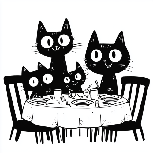 A Happy Cat Family Sitting at Dining Table