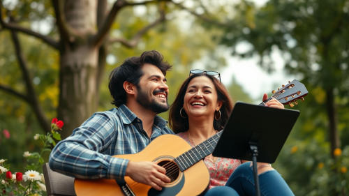 A Happy Couple Enjoying Music in Nature A Happy Couple Enjoying Music in Nature