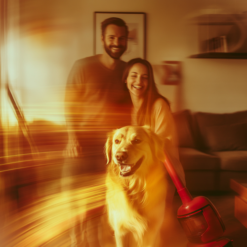 A Happy Couple with Dog in Blurry Room