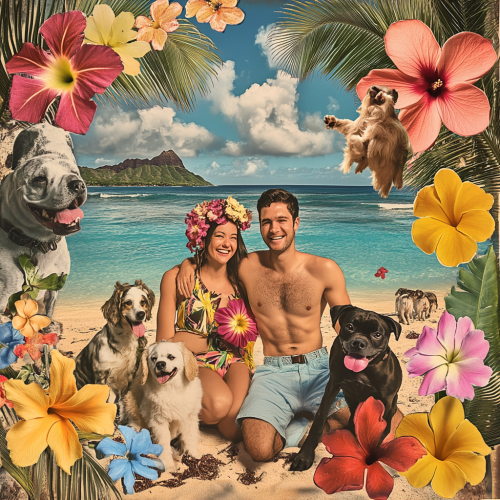 A Happy Couple with Pets on Hawaii's Beach