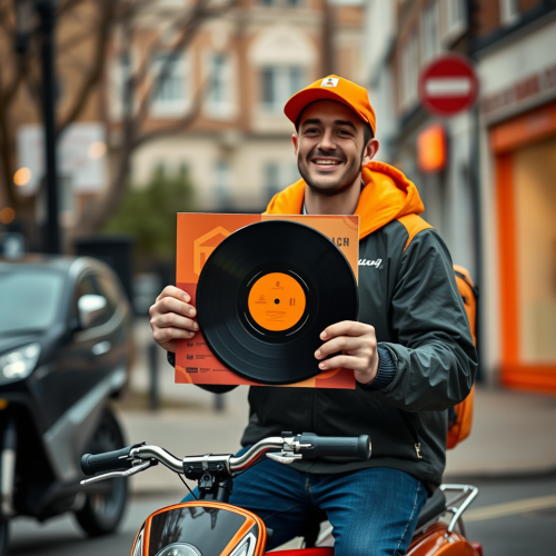 A Happy Food Delivery Rider with Album in London