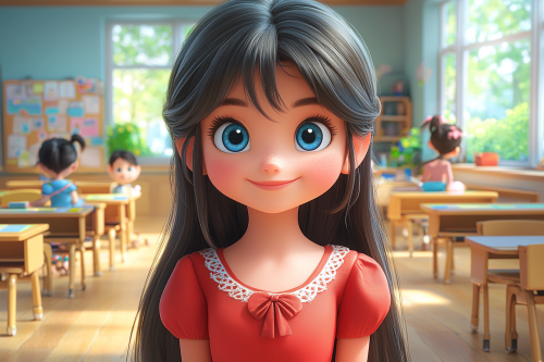A Happy Girl in a Disney Classroom Cartoon