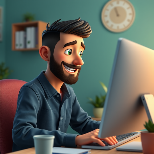A Happy Hispanic Man Working on Computer Joyfully