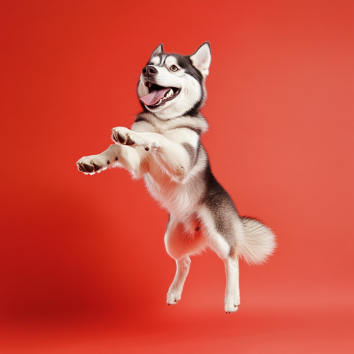 A Happy Husky Jumping on Red Background