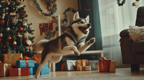 A Happy Husky and Cat Celebrating Christmas