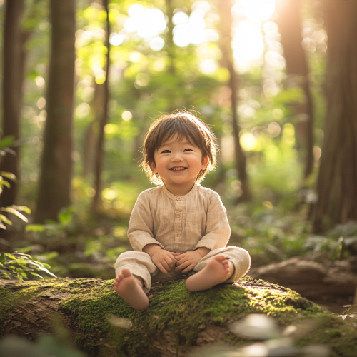 A Happy Japanese Child in Forest Sunlight
