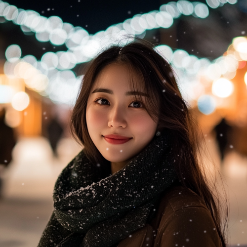 A Happy Korean Woman in Snowy Christmas Town