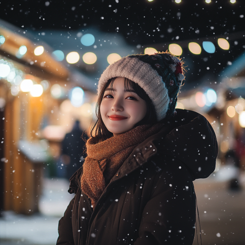 A Happy Korean Woman in Snowy Fairytale