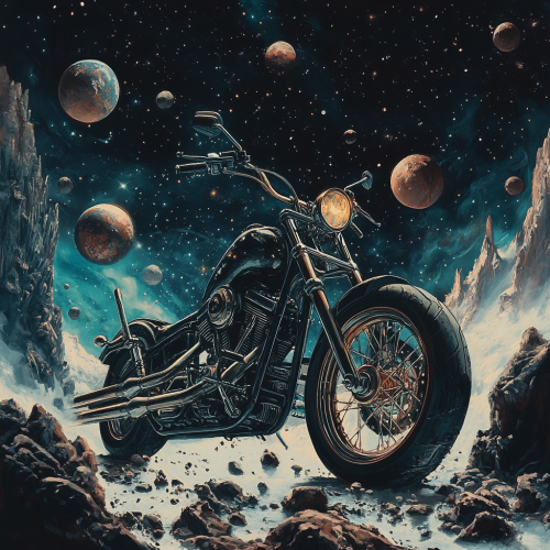 A Harley Davidson Chopper in Space surrounded by planets