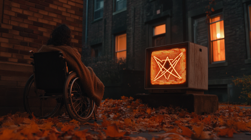 A Haunted Schoolyard Scene with Strange TV Images