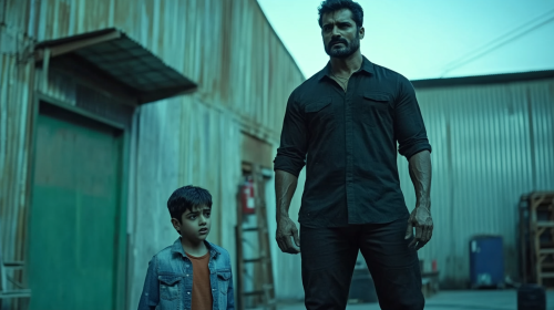 A Hero Protects Scared Boy in Warehouse.