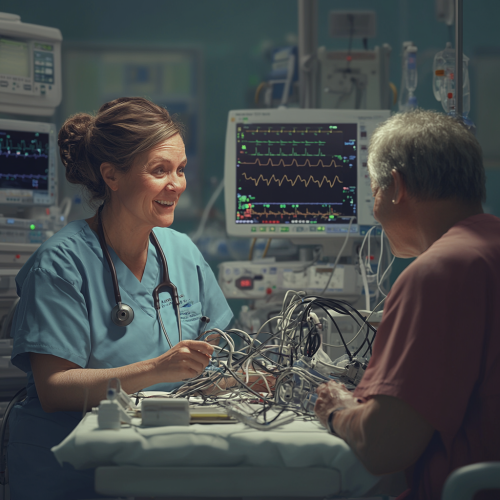 A Hospital Room with EKG Technician and Patient.