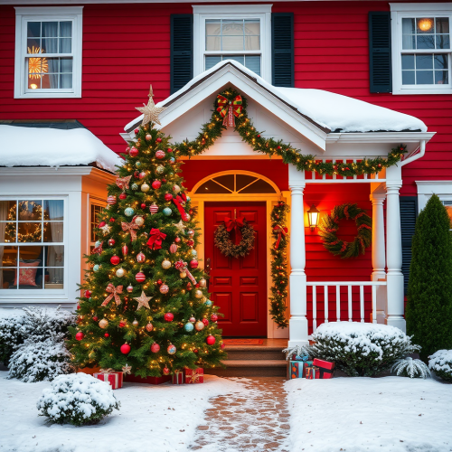 A House with Christmas Trees on Red-White Background