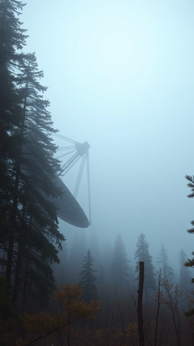 A Huge Satellite Dish in Foggy Forest