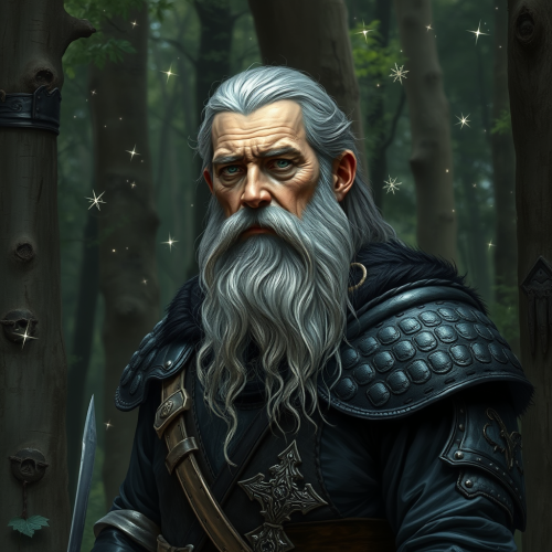 A Human Druid in Black Armor Surrounded by Stars