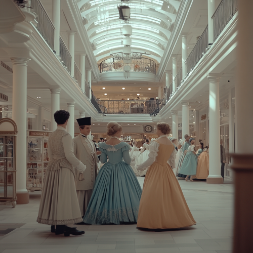 A Jane Austen character-filled mall, Benny Hill style.