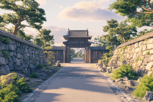 A Japanese Castle with Stone Walls and Garden