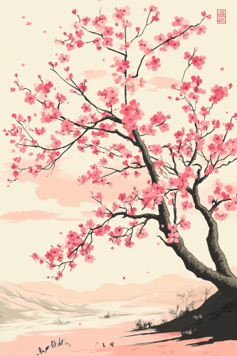 A Japanese Cherry Blossom Landscape with Soft Colors