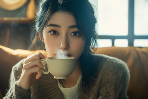 A Japanese Woman Enjoying Coffee in Stylish Home