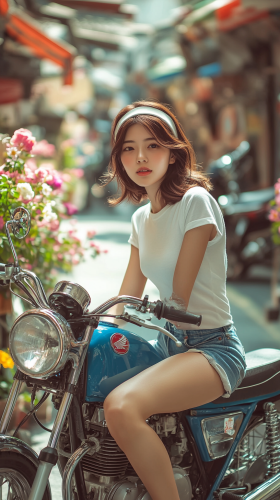A Japanese Woman on Blue Motorcycle in Flower Alley