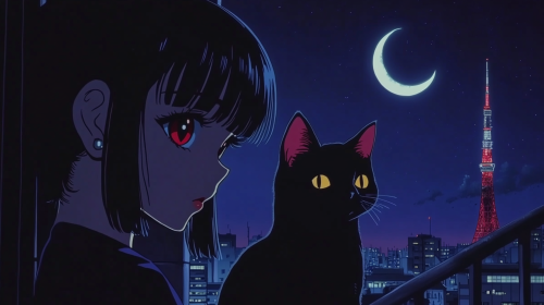 A Japanese anime girl and cat on balcony.