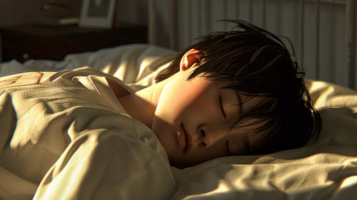 A Japanese boy peacefully sleeping in bed.