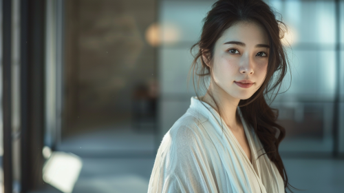 A Japanese girl in a white cardigan indoors