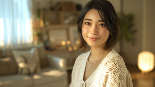 A Japanese girl smiling in a cozy room