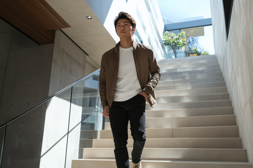 A Japanese man in smart outfit walking upstairs