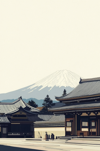 A Japanese temple with Mt. Fuji